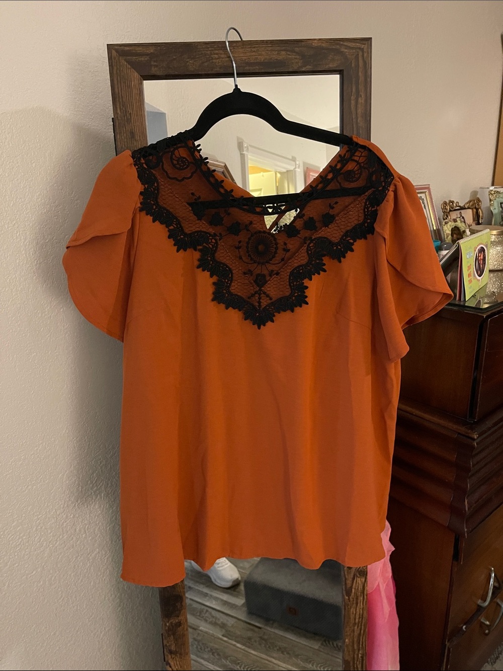 Source Unknown Burnt Orange Blouse with Black Lace Yoke